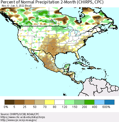 North America Percent of Normal Precipitation 2-Month (CHIRPS) Thematic Map For 11/6/2021 - 1/5/2022