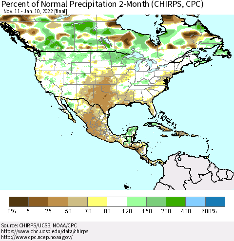 North America Percent of Normal Precipitation 2-Month (CHIRPS) Thematic Map For 11/11/2021 - 1/10/2022