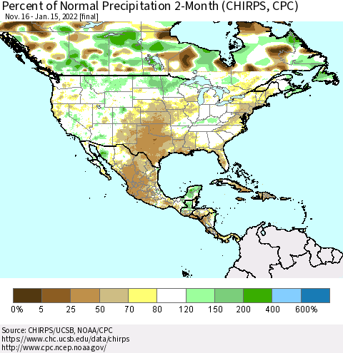 North America Percent of Normal Precipitation 2-Month (CHIRPS) Thematic Map For 11/16/2021 - 1/15/2022