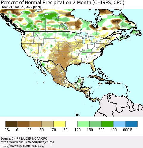 North America Percent of Normal Precipitation 2-Month (CHIRPS) Thematic Map For 11/21/2021 - 1/20/2022
