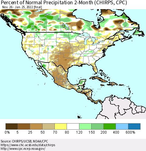 North America Percent of Normal Precipitation 2-Month (CHIRPS) Thematic Map For 11/26/2021 - 1/25/2022