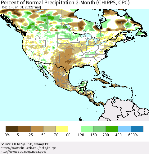 North America Percent of Normal Precipitation 2-Month (CHIRPS) Thematic Map For 12/1/2021 - 1/31/2022