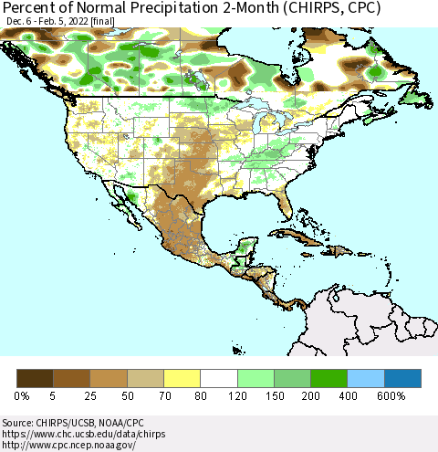 North America Percent of Normal Precipitation 2-Month (CHIRPS) Thematic Map For 12/6/2021 - 2/5/2022