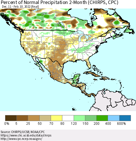 North America Percent of Normal Precipitation 2-Month (CHIRPS) Thematic Map For 12/11/2021 - 2/10/2022