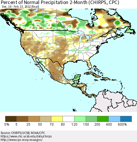 North America Percent of Normal Precipitation 2-Month (CHIRPS) Thematic Map For 12/16/2021 - 2/15/2022