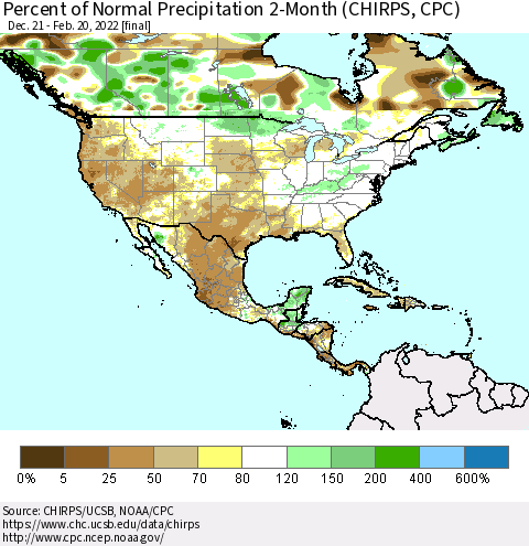 North America Percent of Normal Precipitation 2-Month (CHIRPS) Thematic Map For 12/21/2021 - 2/20/2022