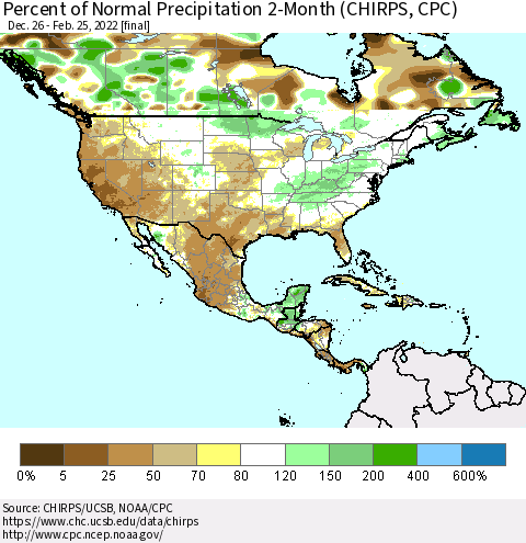 North America Percent of Normal Precipitation 2-Month (CHIRPS) Thematic Map For 12/26/2021 - 2/25/2022