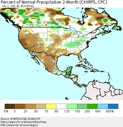 North America Percent of Normal Precipitation 2-Month (CHIRPS) Thematic Map For 1/1/2022 - 2/28/2022