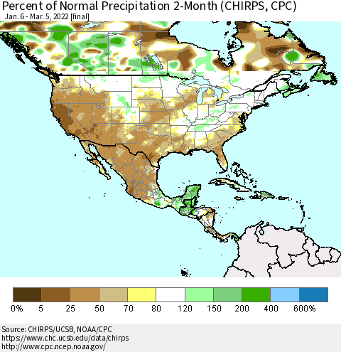 North America Percent of Normal Precipitation 2-Month (CHIRPS) Thematic Map For 1/6/2022 - 3/5/2022