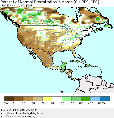 North America Percent of Normal Precipitation 2-Month (CHIRPS) Thematic Map For 1/11/2022 - 3/10/2022