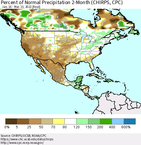 North America Percent of Normal Precipitation 2-Month (CHIRPS) Thematic Map For 1/16/2022 - 3/15/2022
