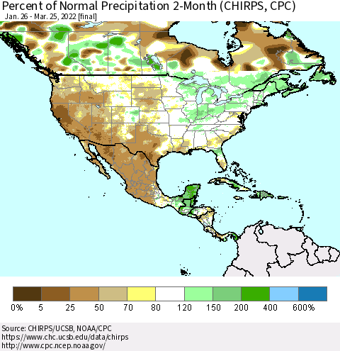 North America Percent of Normal Precipitation 2-Month (CHIRPS) Thematic Map For 1/26/2022 - 3/25/2022