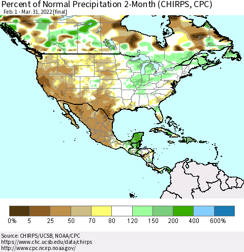 North America Percent of Normal Precipitation 2-Month (CHIRPS) Thematic Map For 2/1/2022 - 3/31/2022