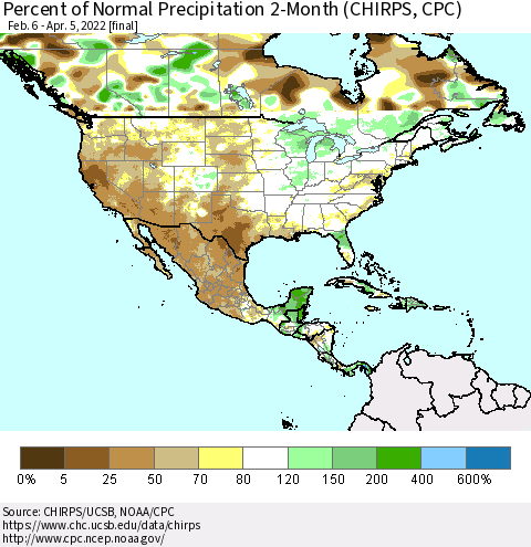 North America Percent of Normal Precipitation 2-Month (CHIRPS) Thematic Map For 2/6/2022 - 4/5/2022