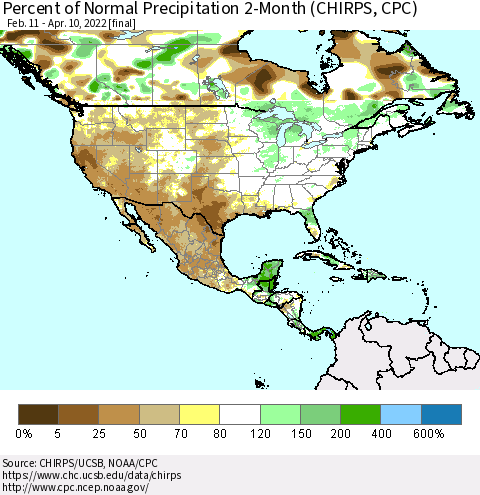 North America Percent of Normal Precipitation 2-Month (CHIRPS) Thematic Map For 2/11/2022 - 4/10/2022