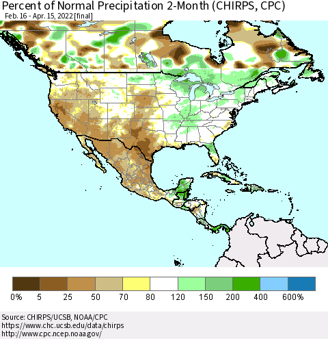 North America Percent of Normal Precipitation 2-Month (CHIRPS) Thematic Map For 2/16/2022 - 4/15/2022
