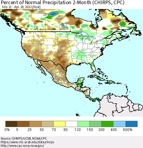 North America Percent of Normal Precipitation 2-Month (CHIRPS) Thematic Map For 2/21/2022 - 4/20/2022