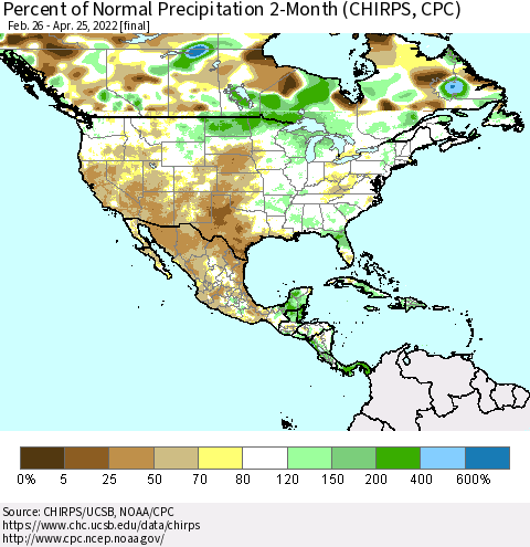 North America Percent of Normal Precipitation 2-Month (CHIRPS) Thematic Map For 2/26/2022 - 4/25/2022