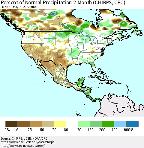 North America Percent of Normal Precipitation 2-Month (CHIRPS) Thematic Map For 3/6/2022 - 5/5/2022