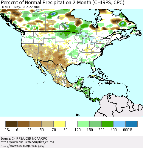 North America Percent of Normal Precipitation 2-Month (CHIRPS) Thematic Map For 3/11/2022 - 5/10/2022