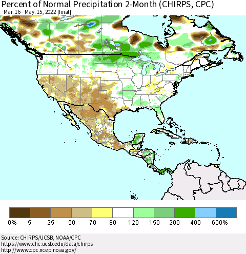 North America Percent of Normal Precipitation 2-Month (CHIRPS) Thematic Map For 3/16/2022 - 5/15/2022