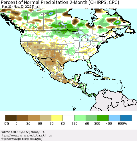 North America Percent of Normal Precipitation 2-Month (CHIRPS) Thematic Map For 3/21/2022 - 5/20/2022