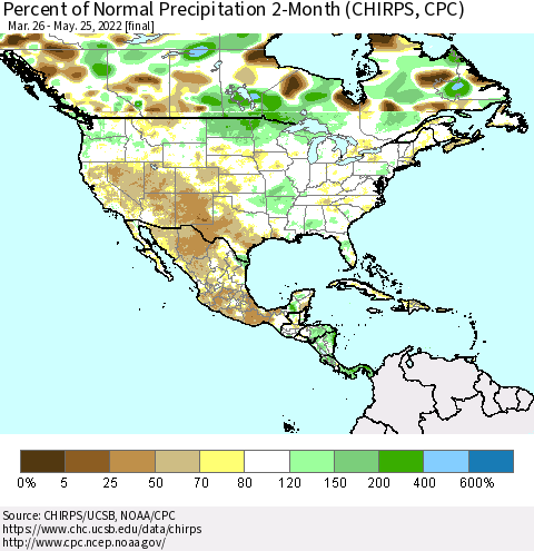 North America Percent of Normal Precipitation 2-Month (CHIRPS) Thematic Map For 3/26/2022 - 5/25/2022