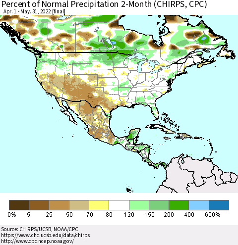 North America Percent of Normal Precipitation 2-Month (CHIRPS) Thematic Map For 4/1/2022 - 5/31/2022