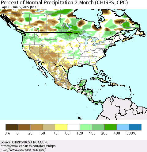 North America Percent of Normal Precipitation 2-Month (CHIRPS) Thematic Map For 4/6/2022 - 6/5/2022