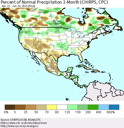 North America Percent of Normal Precipitation 2-Month (CHIRPS) Thematic Map For 4/11/2022 - 6/10/2022