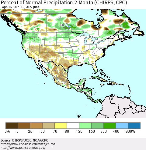North America Percent of Normal Precipitation 2-Month (CHIRPS) Thematic Map For 4/16/2022 - 6/15/2022