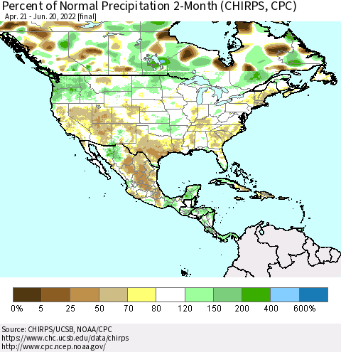 North America Percent of Normal Precipitation 2-Month (CHIRPS) Thematic Map For 4/21/2022 - 6/20/2022