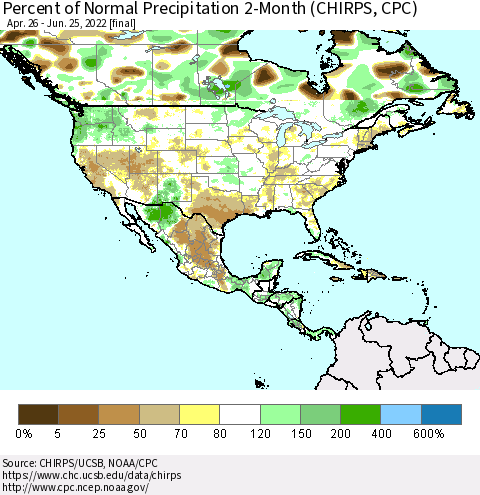 North America Percent of Normal Precipitation 2-Month (CHIRPS) Thematic Map For 4/26/2022 - 6/25/2022