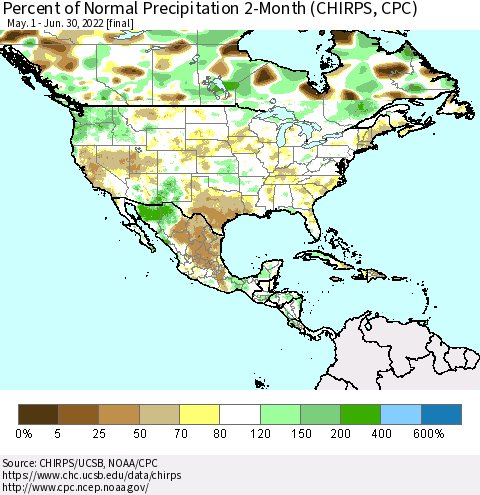 North America Percent of Normal Precipitation 2-Month (CHIRPS) Thematic Map For 5/1/2022 - 6/30/2022