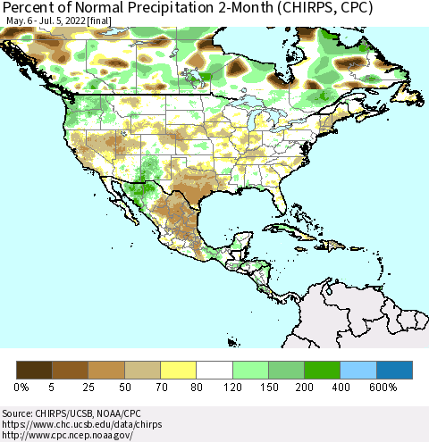 North America Percent of Normal Precipitation 2-Month (CHIRPS) Thematic Map For 5/6/2022 - 7/5/2022
