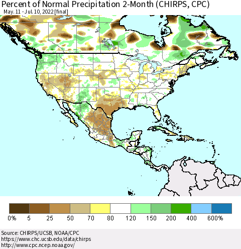 North America Percent of Normal Precipitation 2-Month (CHIRPS) Thematic Map For 5/11/2022 - 7/10/2022