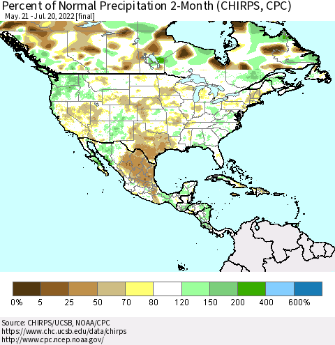 North America Percent of Normal Precipitation 2-Month (CHIRPS) Thematic Map For 5/21/2022 - 7/20/2022