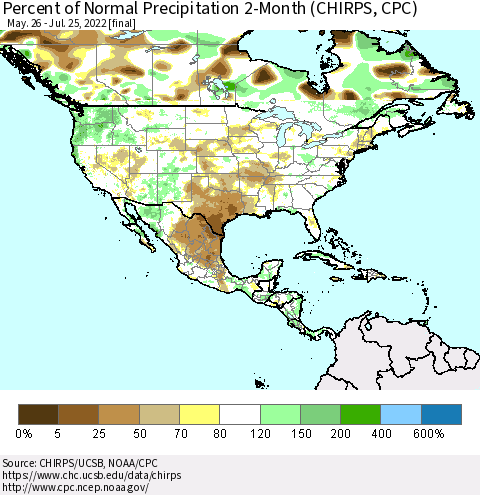 North America Percent of Normal Precipitation 2-Month (CHIRPS) Thematic Map For 5/26/2022 - 7/25/2022