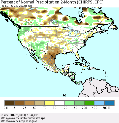 North America Percent of Normal Precipitation 2-Month (CHIRPS) Thematic Map For 6/1/2022 - 7/31/2022
