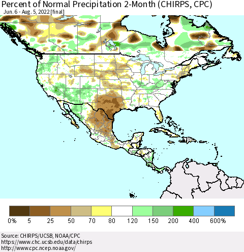 North America Percent of Normal Precipitation 2-Month (CHIRPS) Thematic Map For 6/6/2022 - 8/5/2022