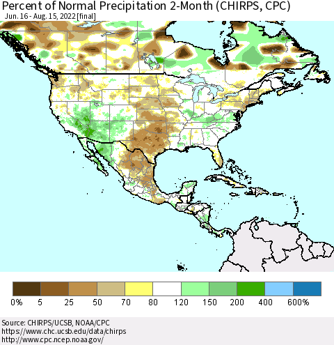 North America Percent of Normal Precipitation 2-Month (CHIRPS) Thematic Map For 6/16/2022 - 8/15/2022