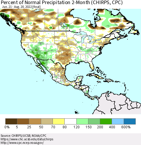 North America Percent of Normal Precipitation 2-Month (CHIRPS) Thematic Map For 6/21/2022 - 8/20/2022