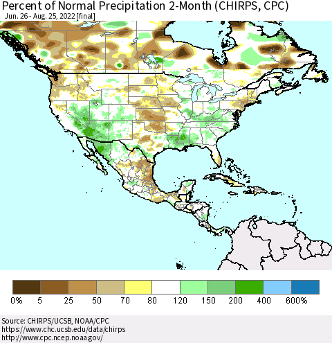 North America Percent of Normal Precipitation 2-Month (CHIRPS) Thematic Map For 6/26/2022 - 8/25/2022