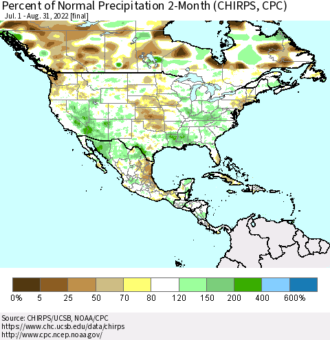 North America Percent of Normal Precipitation 2-Month (CHIRPS) Thematic Map For 7/1/2022 - 8/31/2022