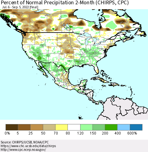North America Percent of Normal Precipitation 2-Month (CHIRPS) Thematic Map For 7/6/2022 - 9/5/2022