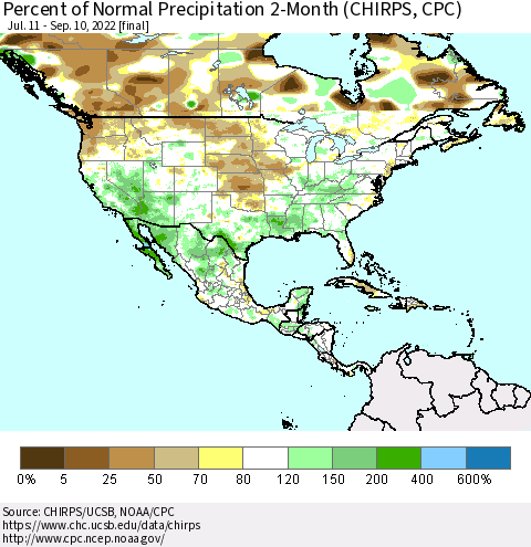 North America Percent of Normal Precipitation 2-Month (CHIRPS) Thematic Map For 7/11/2022 - 9/10/2022