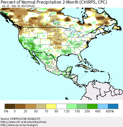 North America Percent of Normal Precipitation 2-Month (CHIRPS) Thematic Map For 7/21/2022 - 9/20/2022