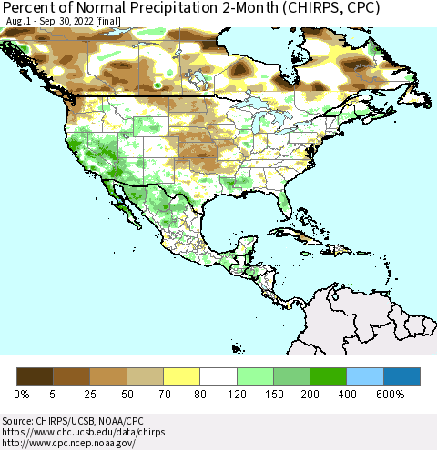 North America Percent of Normal Precipitation 2-Month (CHIRPS) Thematic Map For 8/1/2022 - 9/30/2022