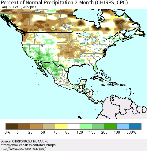 North America Percent of Normal Precipitation 2-Month (CHIRPS) Thematic Map For 8/6/2022 - 10/5/2022