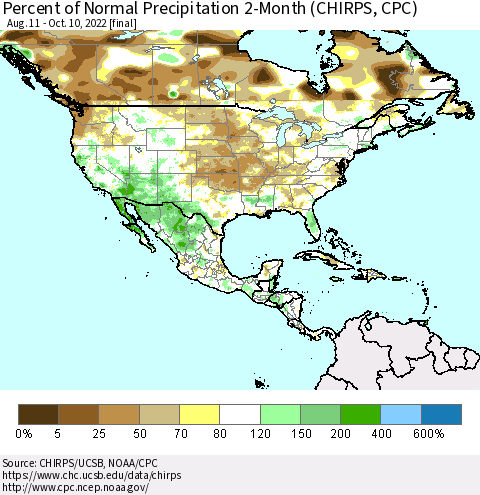 North America Percent of Normal Precipitation 2-Month (CHIRPS) Thematic Map For 8/11/2022 - 10/10/2022